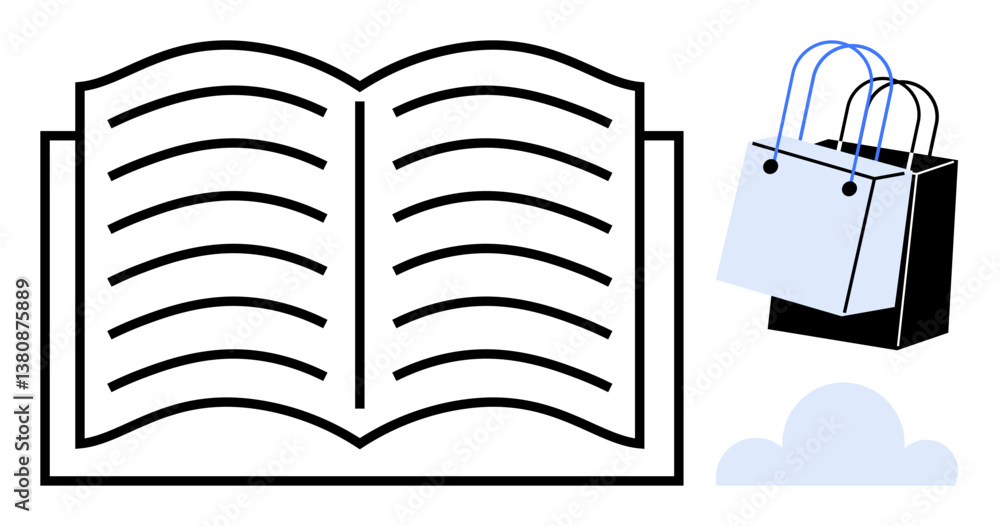 Poster open book with wavy lines symbolizing text. two shopping bags with handles and a small cloud. ideal 