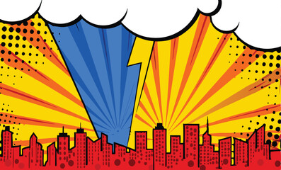 Comic Book Cityscape Explosions, Lightning, and Urban Skyline