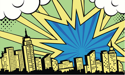 Comic Book Cityscape Explosion, Skyscrapers, Pop Art Style