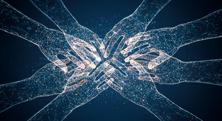 Futuristic digital hands connecting in a network, symbolizing artificial intelligence, teamwork, blockchain, data sharing, and global collaboration in the digital era.