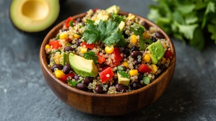 Vibrant quinoa salad featuring fresh avocado and hearty black beans in wooden bowl