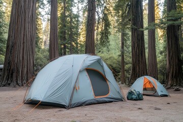 Camping Tents Under Giant Redwood Trees at Serene Forest Location