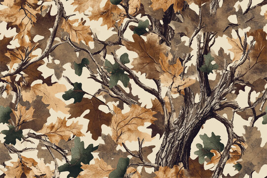 Seamless pattern of camouflage with an oak tree design, Real Tree Camouflage pattern for military and outdoor activities
