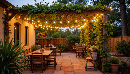 Obraz premium Cozy rustic patio with string lights and vines in warm evening glow