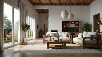 Fototapeta premium Interior living room, white room with wooden furniture