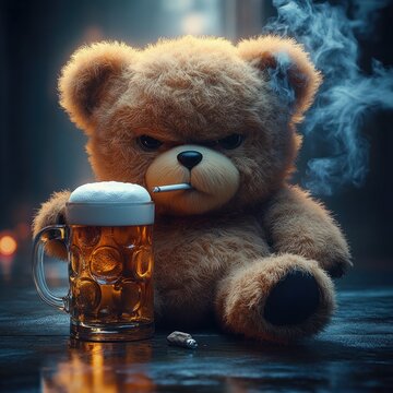 grumpy teddy bear smoking cigarette and drinking beer