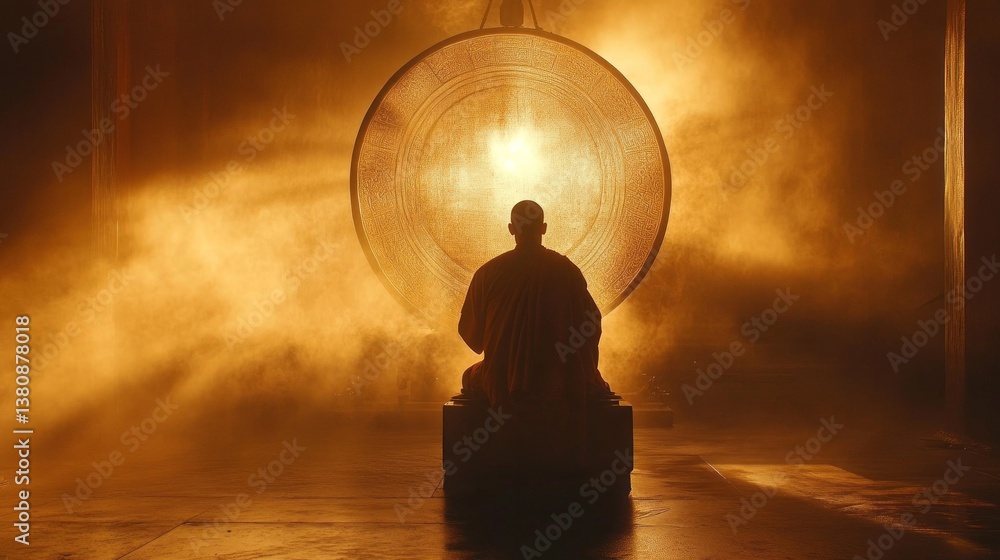 Poster in a tranquil temple, a monk sits in deep meditation, illuminated by golden light streaming through 