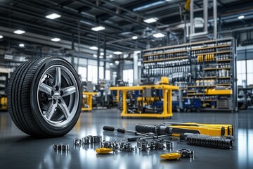 Car Tire and Tools Displayed in Modern Automotive Workshop Setting