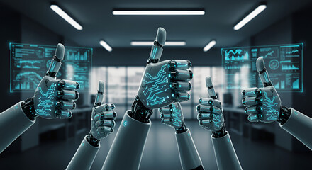 Group of robotic hands giving thumbs up, symbolizing artificial intelligence, automation, futuristic teamwork, and successful technology in a modern corporate environment.