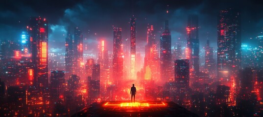 Fototapeta premium Futuristic Cityscape Businessman on Digital Platform at Night in Bangkok