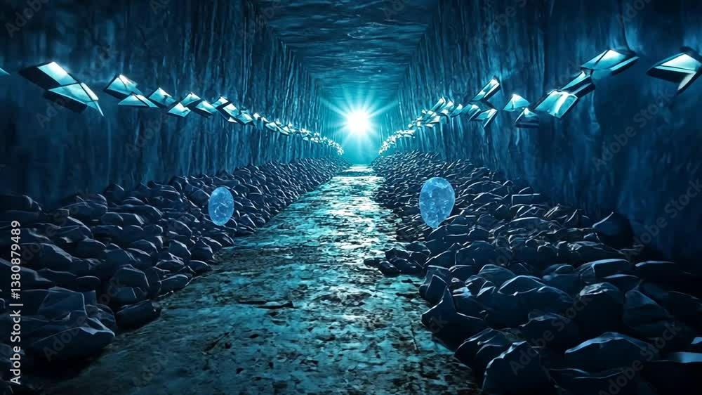 Poster illuminated corridor in abandoned space with scattered debris generative ai
