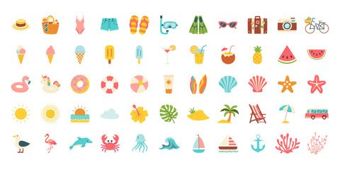 A collection of beach and summer themed icons. Some of the icons include a sun, a boat, a surfboard, a chair, a camera, and a watermelon