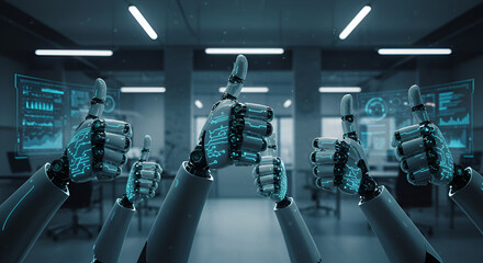 Group of robotic hands giving thumbs up, symbolizing artificial intelligence, automation, futuristic teamwork, and successful technology in a modern corporate environment.