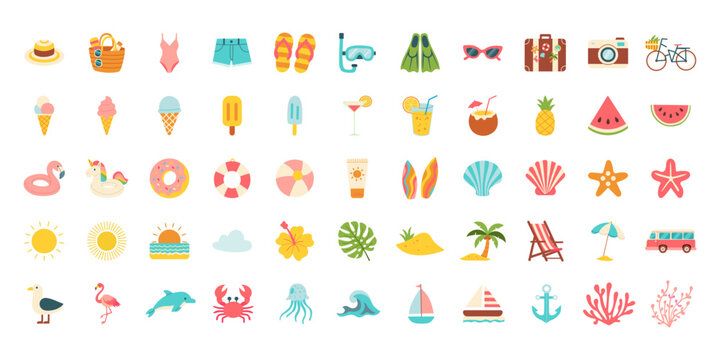 A collection of beach and summer themed icons. Some of the icons include a sun, a boat, a surfboard, a chair, a camera, and a watermelon