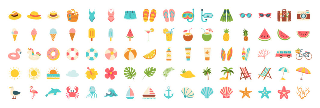 A collection of colorful icons for summer activities such as swimming, sunbathing, and boating
