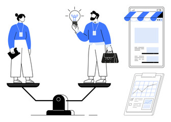 Two professionals standing on scales holding innovation and business tools. Tablet with analytics and web design nearby. Ideal for teamwork, business planning, innovation, equality, decision-making