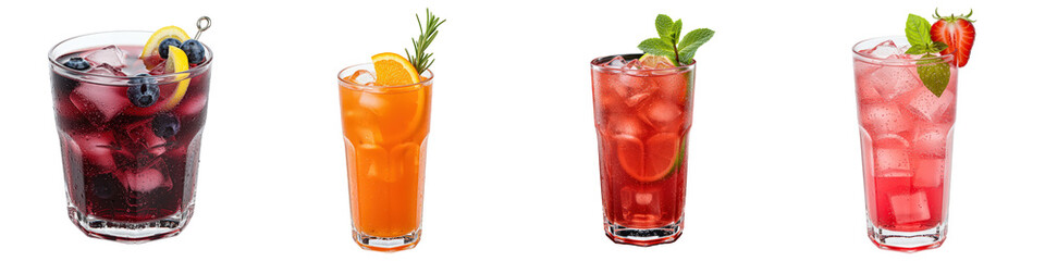 Four Iced Fruit Beverages with Refreshing Garnishes.