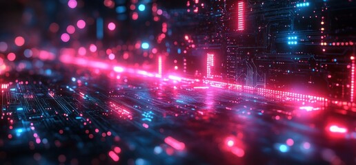 Fototapeta premium Futuristic Neon Grid Cyberpunk Aesthetic Digital Circuit Board Abstract Technology Background