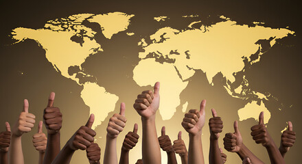 Hands giving thumbs up in front of a golden world map, symbolizing global unity, diversity, teamwork, international success, and positive collaboration across nations.