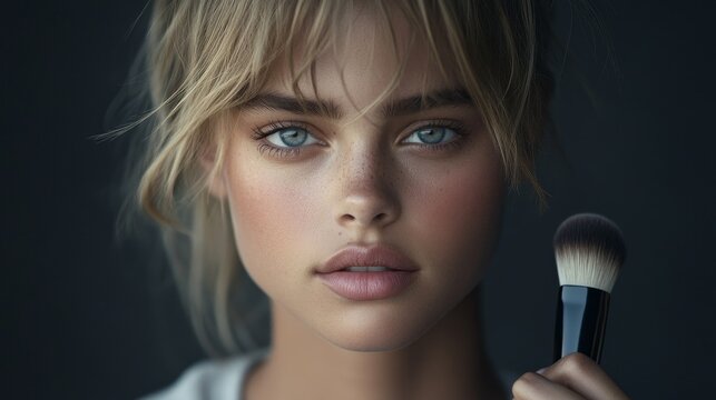 Woman model applying makeup with brush and lipstick in studio beauty focus close-up natural lighting