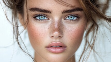 Fototapeta premium Beauty model demonstrating makeup techniques studio setting close-up view woman with lipstick and brush