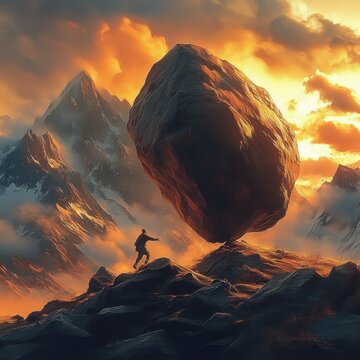 Sisyphus Pushing Boulder Uphill in Dramatic Mountain Landscape