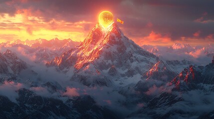 Sunrise light bursts atop snowy mountain high resolution picture