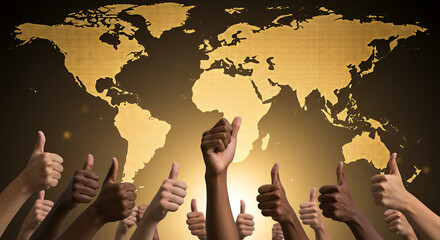 Hands giving thumbs up in front of a golden world map, symbolizing global unity, diversity, teamwork, international success, and positive collaboration across nations.