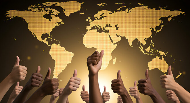 Hands giving thumbs up in front of a golden world map, symbolizing global unity, diversity, teamwork, international success, and positive collaboration across nations.