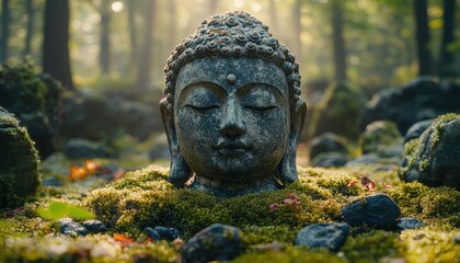 Obraz premium Ancient Buddha Statue in Serene Forest Setting with Dappled Sunlight and Peaceful Atmosphere