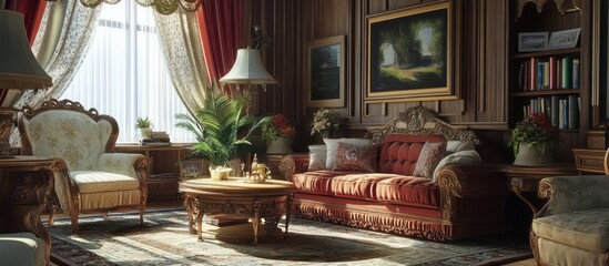Sunlit Victorian living room with ornate furniture, paintings, and a plush sofa