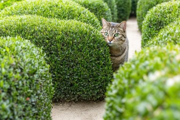 Cat Peeking Out from Lush Green Hedge in Garden Maze Scene