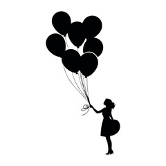 A black and white vector silhouette of multiple balloons floating in the air on a white background.