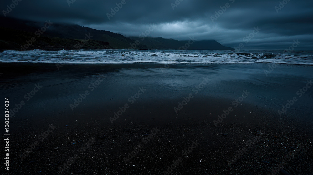 Poster surreal environmental warning, dark ocean waves crashing on shore under cloudy sky, creating moody a