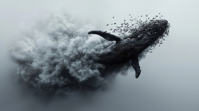 Surreal Environmental Warning, whale carcass floating upward with swarm of strange creatures, evoking mystery