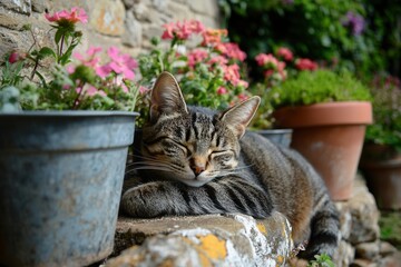 Cat Relaxing Among Colorful Flowers in a Garden Setting