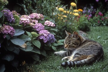 Cat Relaxing Among Colorful Flowers in a Lush Garden Setting