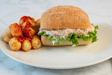 tuna salad sandwich  with tater tots