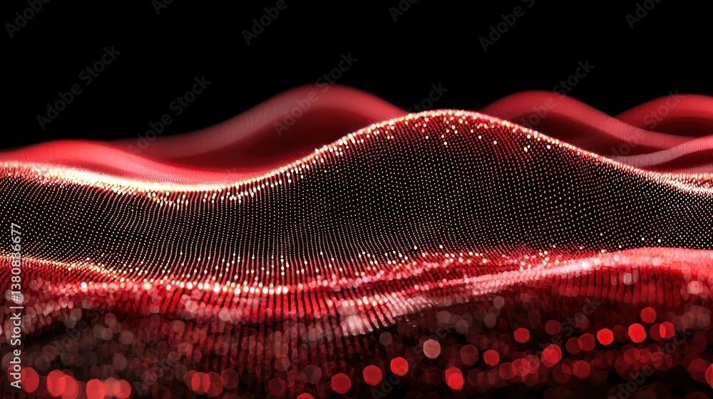 Poster abstract red digital waveform: a mesmerizing display of crimson and gold particles forming dynamic w