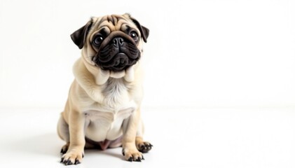 Obraz premium Adorable pug dog sitting, isolated on white background, white, friend, vector