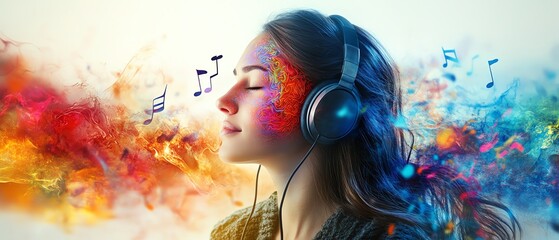 A woman with headphones, visualized brain activity and musical notes surrounding her head, representing music s effect on the mind, dynamic and colorful, highdefinition art