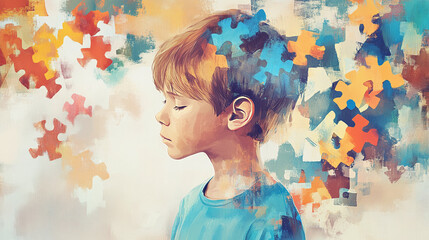 close up portrait of little cute kid with autism, autistic, overwhelmed adhd concept, childhood colorful banner graphic element, mental health international day illustration