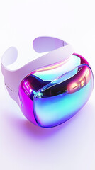 VR headset packaging with futuristic holographic accents, innovative and sleek, white background
