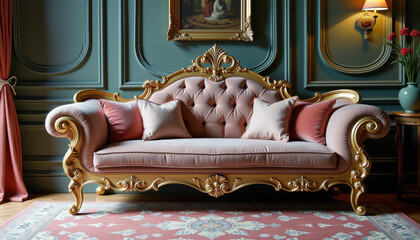 A luxurious Baroque-style sofa with gold detailing and pink upholstery is set against teal paneled walls. Elegantly decorated with a vase of flowers, a framed painting, and a wall sconce