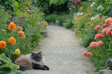 Cat Relaxing on Garden Path Surrounded by Colorful Flowers