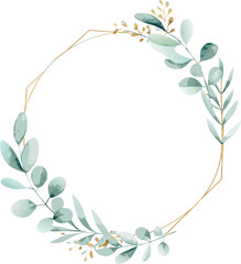 Elegant Gold Geometric Wreath with Watercolor Greenery