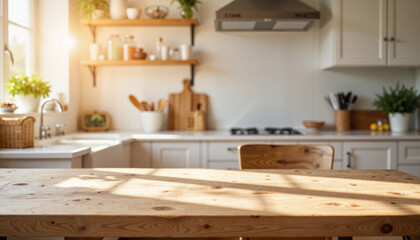 Cozy wooden dining table in sunlit rural kitchen, rustic charm
