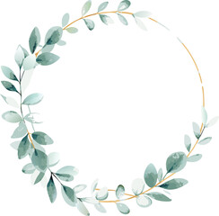 Fototapeta premium Elegant Watercolor Greenery Wreath, Botanical Frame, Gold Circle, Wedding Invitation, Floral Design,