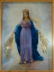Pizzo, ITALY - 10-31-2024: Painting (19th century) of The Virgin Mary with rays of light symbolizing the graces that emanate from her hands..