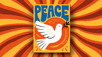 Stylized white dove holding olive branch with vibrant orange and yellow background and bold “Peace” text in blue.
